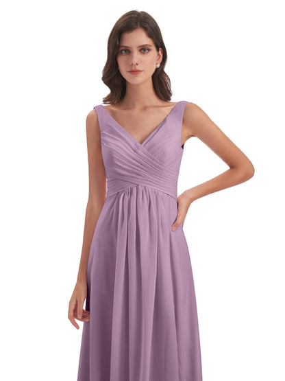 Jurnee Floor Length V-neck Ruched Chiffon Bridesmaid Dresses
