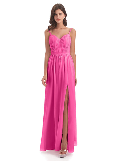 Kiana Spaghetti Straps Open Back Split Chiffon Long Bridesmaid Dresses