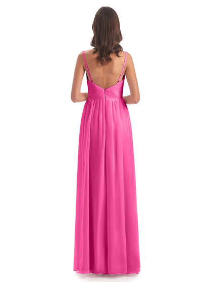 Kiana Spaghetti Straps Open Back Split Chiffon Long Bridesmaid Dresses