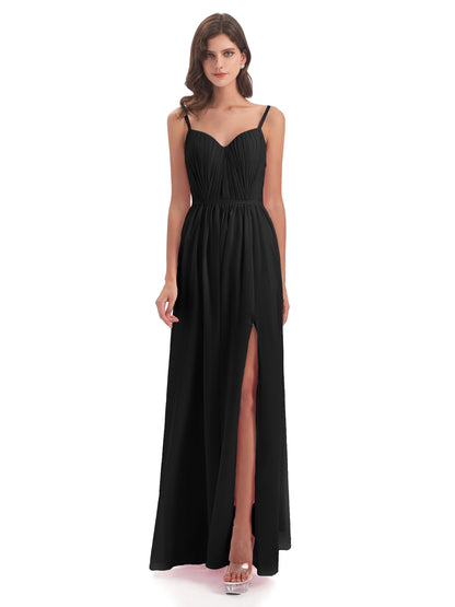 Kiana Spaghetti Straps Open Back Split Chiffon Long Bridesmaid Dresses