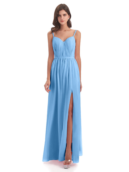 Kiana Spaghetti Straps Open Back Split Chiffon Long Bridesmaid Dresses
