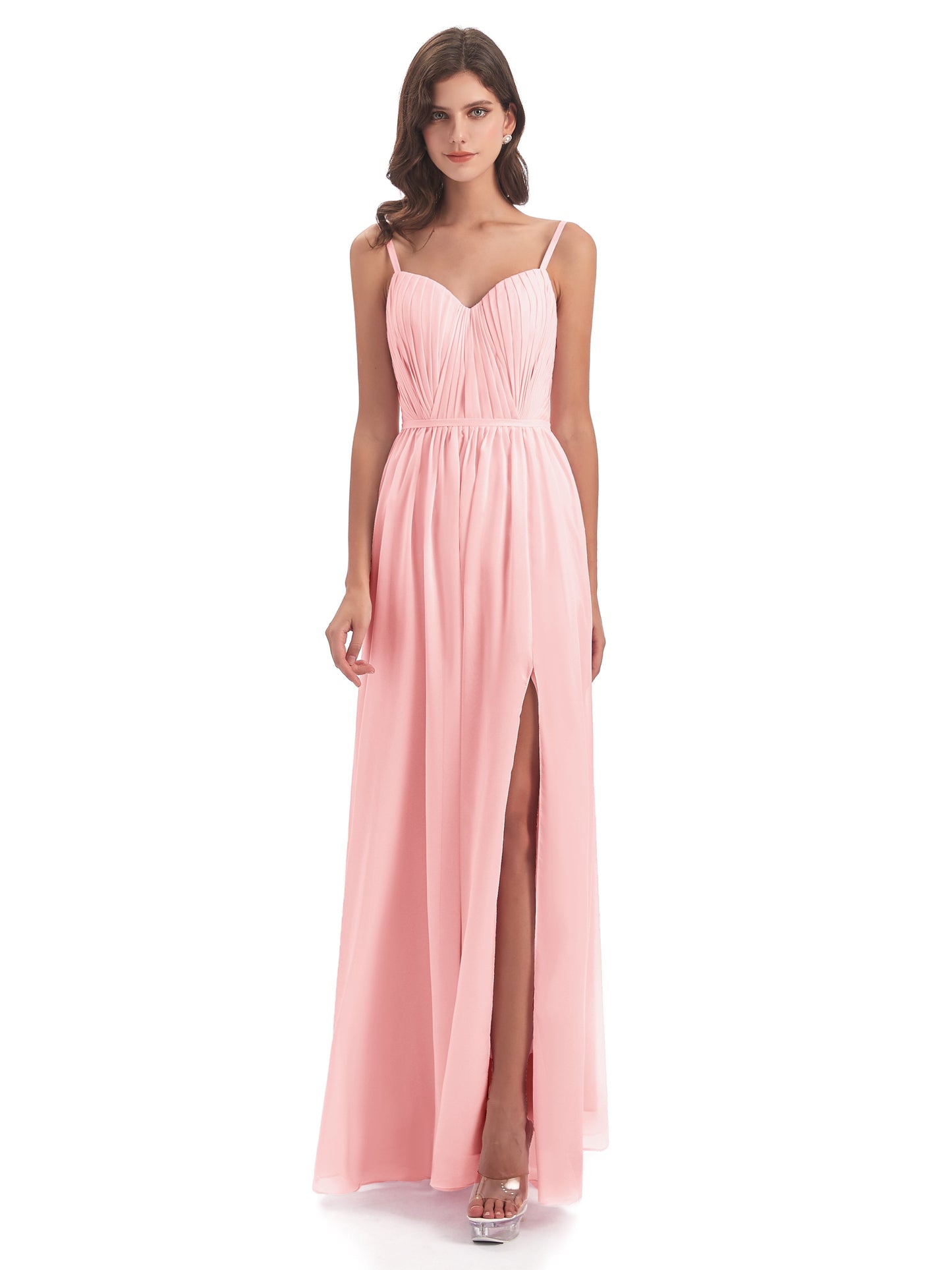 Kiana Spaghetti Straps Open Back Split Chiffon Long Bridesmaid Dresses