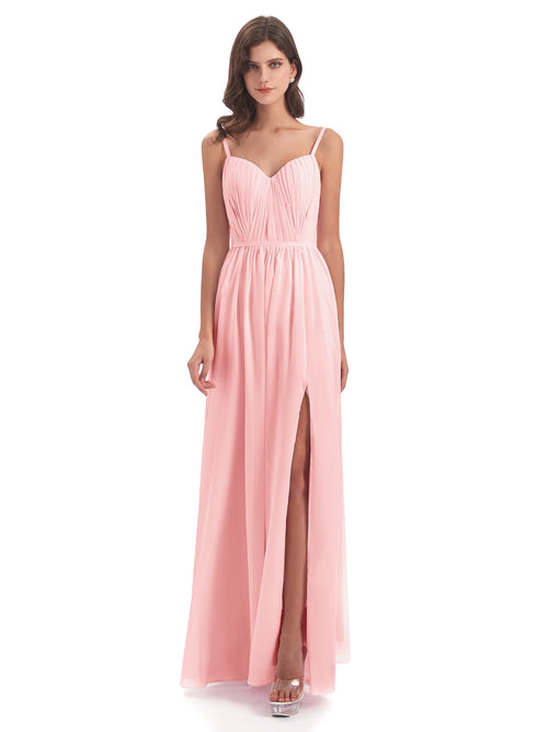 Kiana Spaghetti Straps Open Back Split Chiffon Long Bridesmaid Dresses