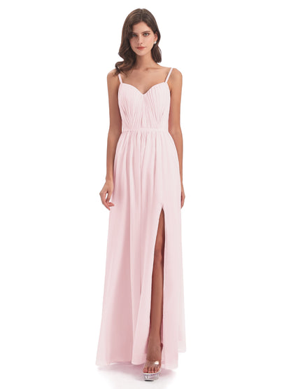 Kiana Spaghetti Straps Open Back Split Chiffon Long Bridesmaid Dresses