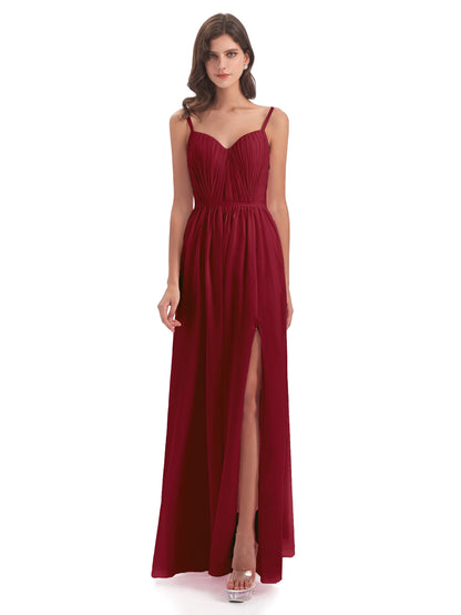Kiana Spaghetti Straps Open Back Split Chiffon Long Bridesmaid Dresses