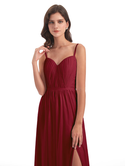 Kiana Spaghetti Straps Open Back Split Chiffon Long Bridesmaid Dresses