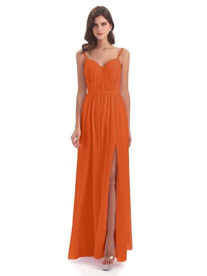 Kiana Spaghetti Straps Open Back Split Chiffon Long Bridesmaid Dresses