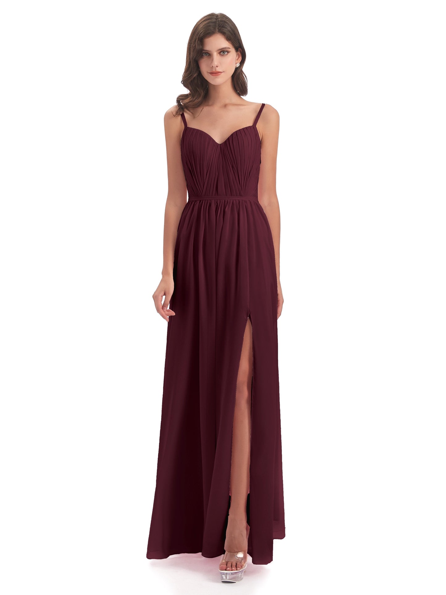 Kiana Spaghetti Straps Open Back Split Chiffon Long Bridesmaid Dresses