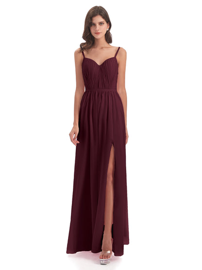 Kiana Spaghetti Straps Open Back Split Chiffon Long Bridesmaid Dresses