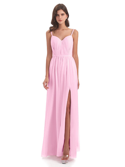 Kiana Spaghetti Straps Open Back Split Chiffon Long Bridesmaid Dresses