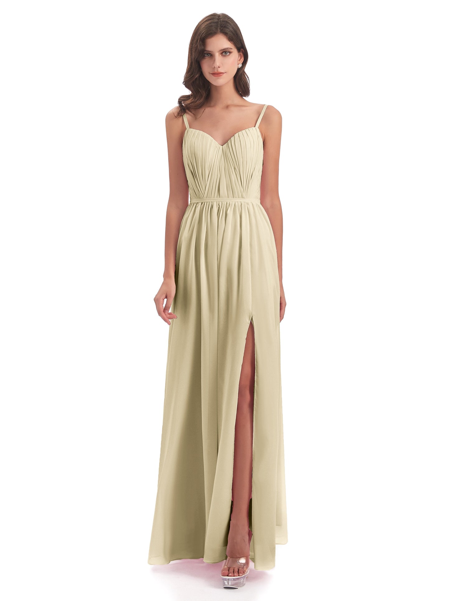 Kiana Spaghetti Straps Open Back Split Chiffon Long Bridesmaid Dresses