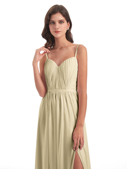 Kiana Spaghetti Straps Open Back Split Chiffon Long Bridesmaid Dresses