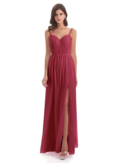 Kiana Spaghetti Straps Open Back Split Chiffon Long Bridesmaid Dresses