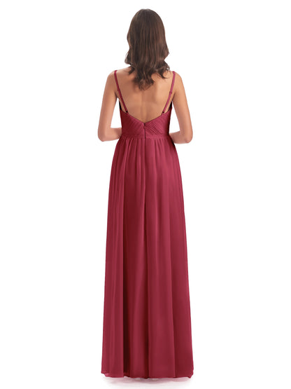 Kiana Spaghetti Straps Open Back Split Chiffon Long Bridesmaid Dresses