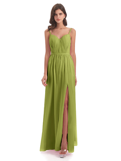 Kiana Spaghetti Straps Open Back Split Chiffon Long Bridesmaid Dresses