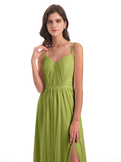 Kiana Spaghetti Straps Open Back Split Chiffon Long Bridesmaid Dresses
