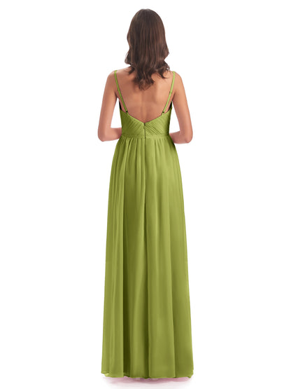 Kiana Spaghetti Straps Open Back Split Chiffon Long Bridesmaid Dresses