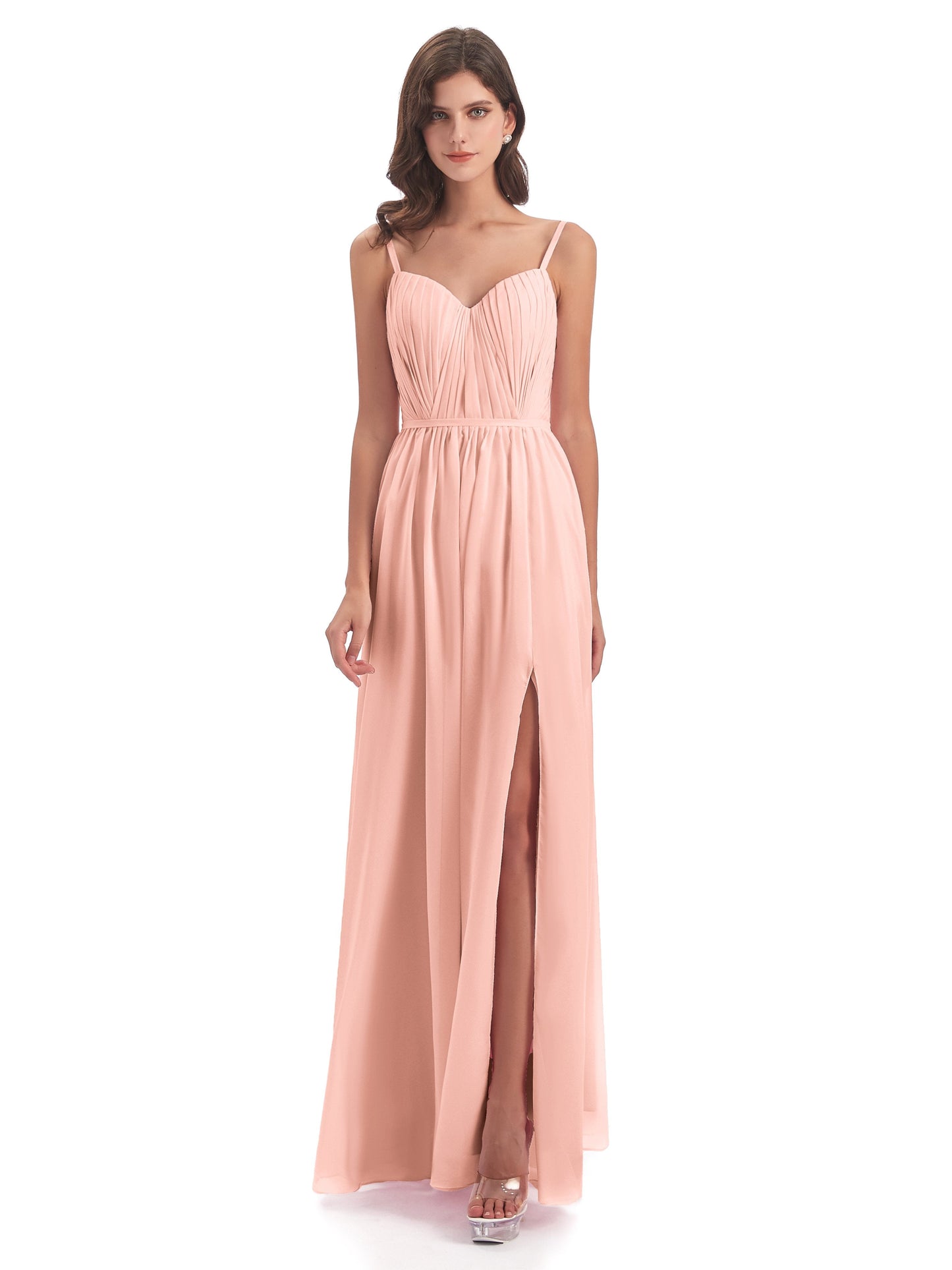 Kiana Spaghetti Straps Open Back Split Chiffon Long Bridesmaid Dresses