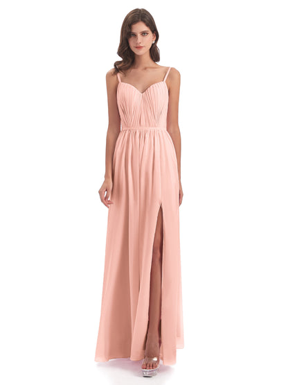 Kiana Spaghetti Straps Open Back Split Chiffon Long Bridesmaid Dresses