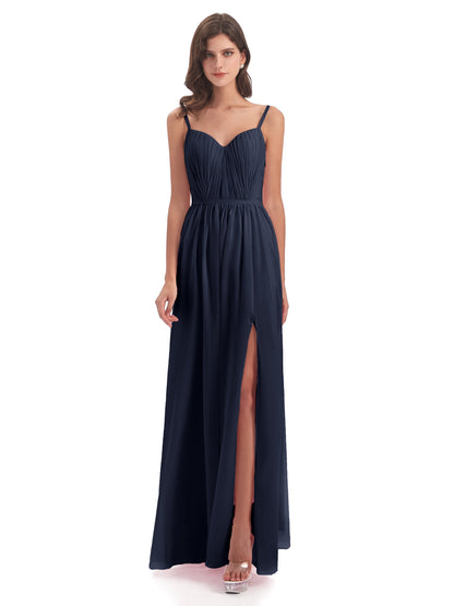 Kiana Spaghetti Straps Open Back Split Chiffon Long Bridesmaid Dresses