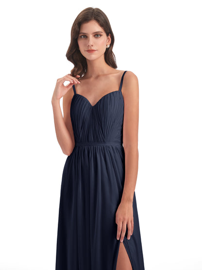 Kiana Spaghetti Straps Open Back Split Chiffon Long Bridesmaid Dresses
