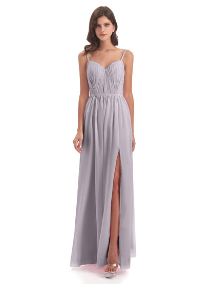 Kiana Spaghetti Straps Open Back Split Chiffon Long Bridesmaid Dresses