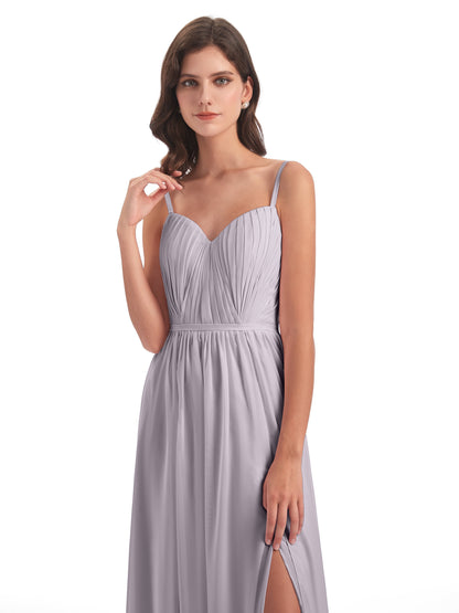 Kiana Spaghetti Straps Open Back Split Chiffon Long Bridesmaid Dresses