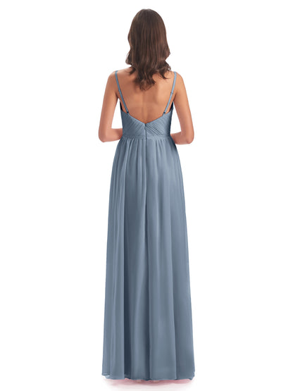 Kiana Spaghetti Straps Open Back Split Chiffon Long Bridesmaid Dresses
