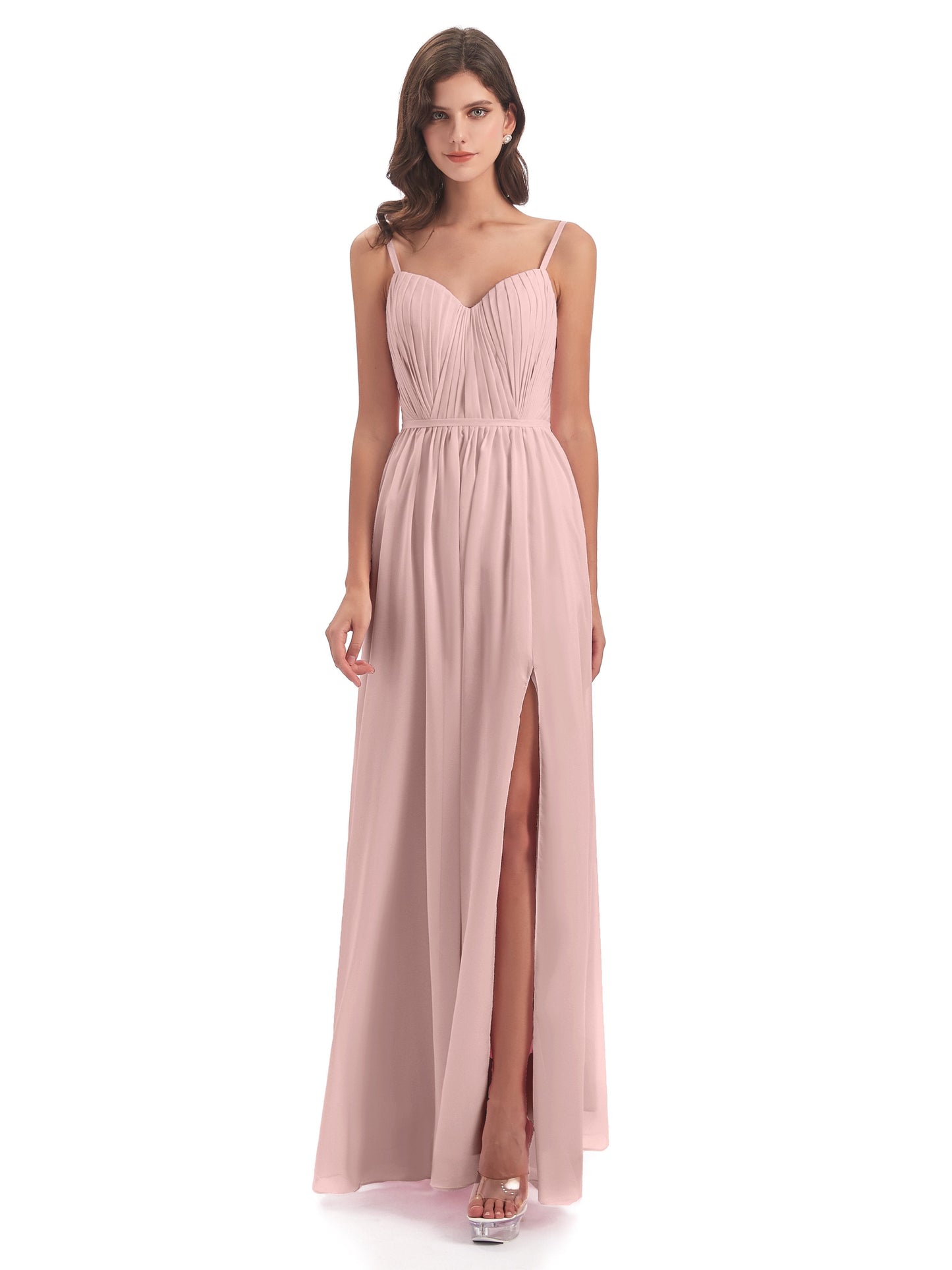 Kiana Spaghetti Straps Open Back Split Chiffon Long Bridesmaid Dresses