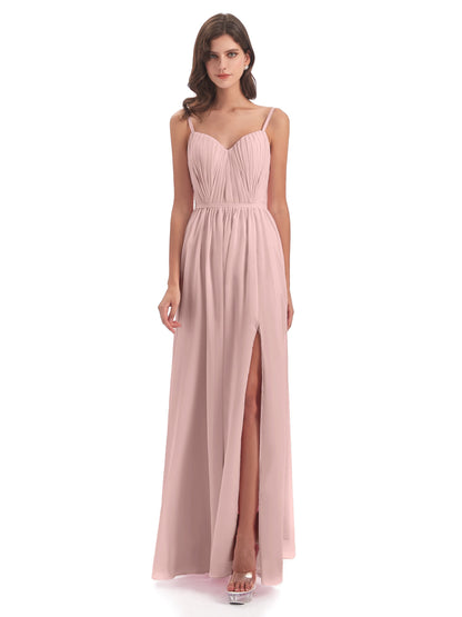 Kiana Spaghetti Straps Open Back Split Chiffon Long Bridesmaid Dresses
