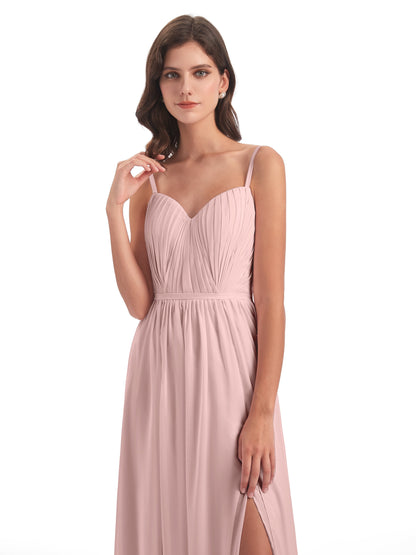 Kiana Spaghetti Straps Open Back Split Chiffon Long Bridesmaid Dresses