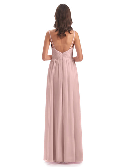 Kiana Spaghetti Straps Open Back Split Chiffon Long Bridesmaid Dresses