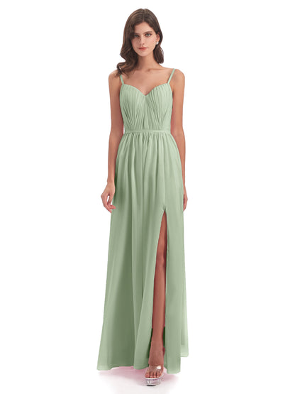Kiana Spaghetti Straps Open Back Split Chiffon Long Bridesmaid Dresses