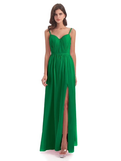 Kiana Spaghetti Straps Open Back Split Chiffon Long Bridesmaid Dresses