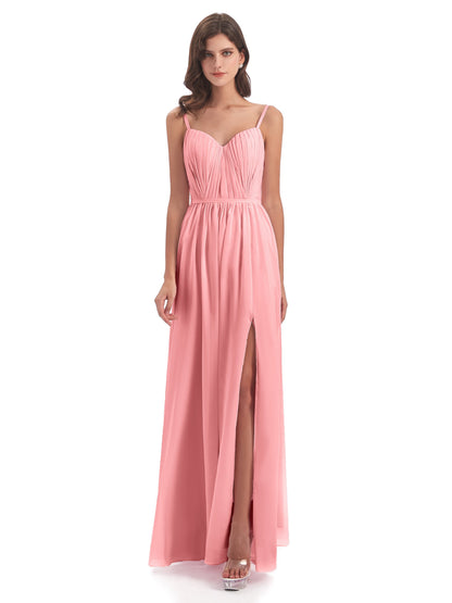 Kiana Spaghetti Straps Open Back Split Chiffon Long Bridesmaid Dresses