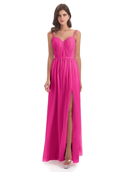 Kiana Spaghetti Straps Open Back Split Chiffon Long Bridesmaid Dresses