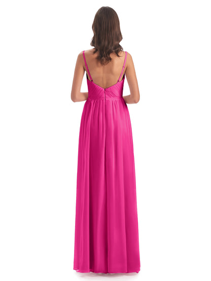 Kiana Spaghetti Straps Open Back Split Chiffon Long Bridesmaid Dresses