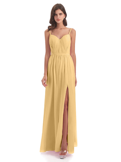 Kiana Spaghetti Straps Open Back Split Chiffon Long Bridesmaid Dresses