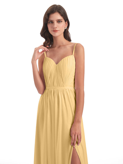 Kiana Spaghetti Straps Open Back Split Chiffon Long Bridesmaid Dresses