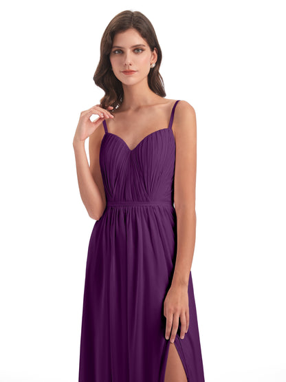 Kiana Spaghetti Straps Open Back Split Chiffon Long Bridesmaid Dresses