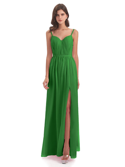 Kiana Spaghetti Straps Open Back Split Chiffon Long Bridesmaid Dresses