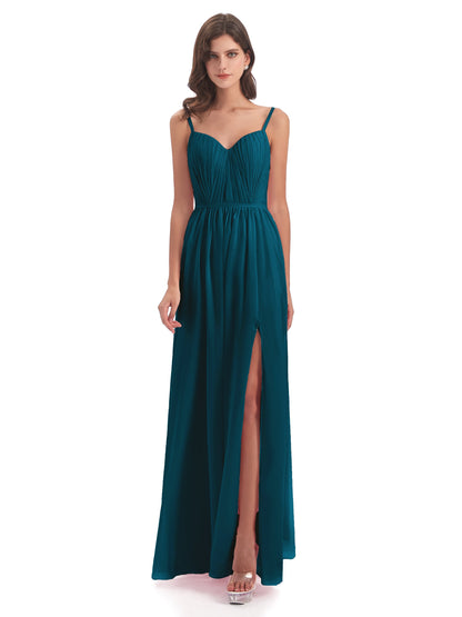 Kiana Spaghetti Straps Open Back Split Chiffon Long Bridesmaid Dresses