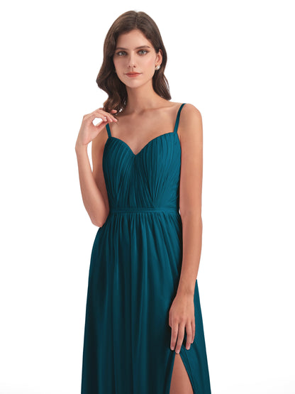 Kiana Spaghetti Straps Open Back Split Chiffon Long Bridesmaid Dresses