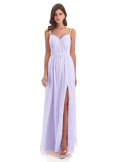 Kiana Spaghetti Straps Open Back Split Chiffon Long Bridesmaid Dresses