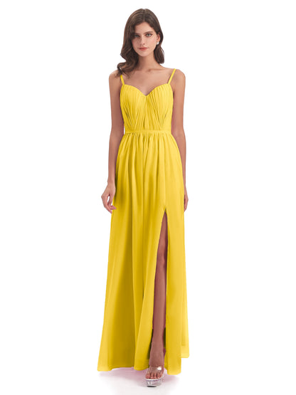 Kiana Spaghetti Straps Open Back Split Chiffon Long Bridesmaid Dresses
