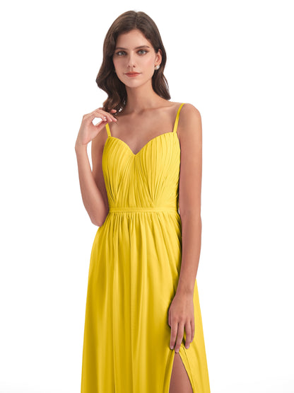 Kiana Spaghetti Straps Open Back Split Chiffon Long Bridesmaid Dresses
