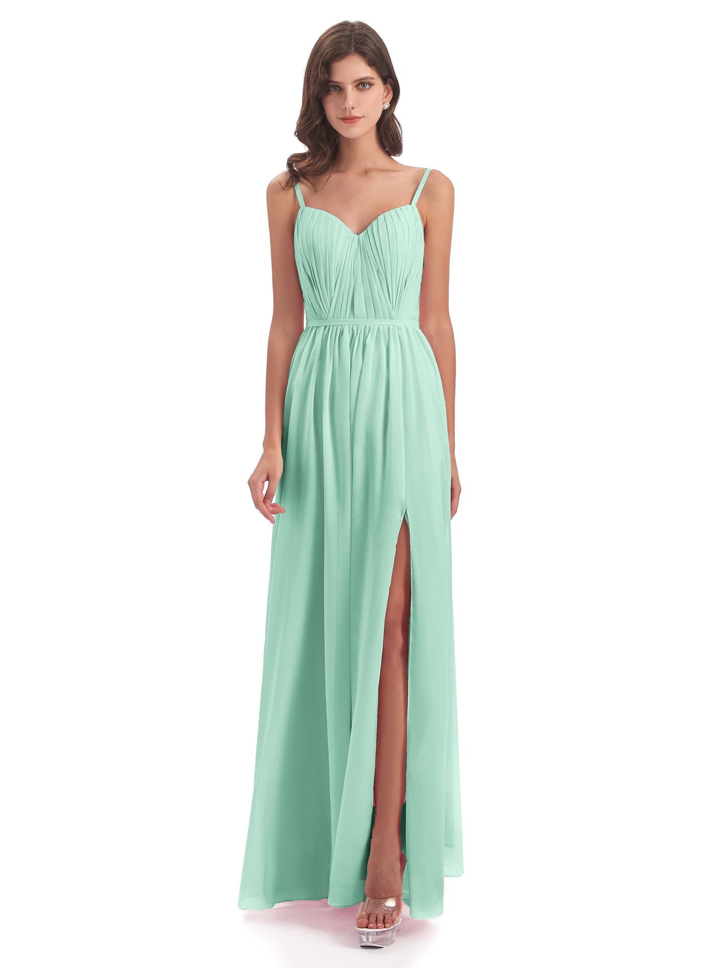 Kiana Spaghetti Straps Open Back Split Chiffon Long Bridesmaid Dresses