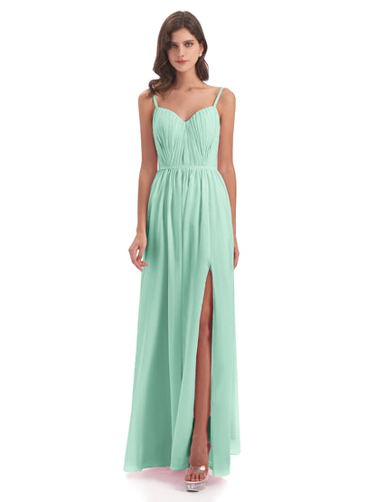 Kiana Spaghetti Straps Open Back Split Chiffon Long Bridesmaid Dresses