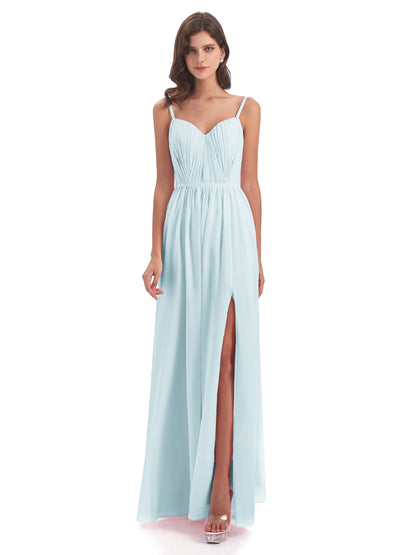Kiana Spaghetti Straps Open Back Split Chiffon Long Bridesmaid Dresses