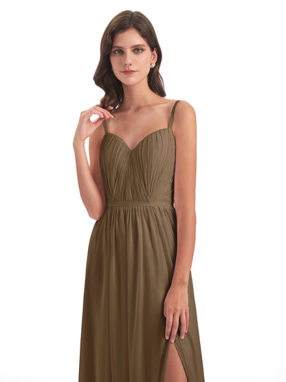 Kiana Spaghetti Straps Open Back Split Chiffon Long Bridesmaid Dresses